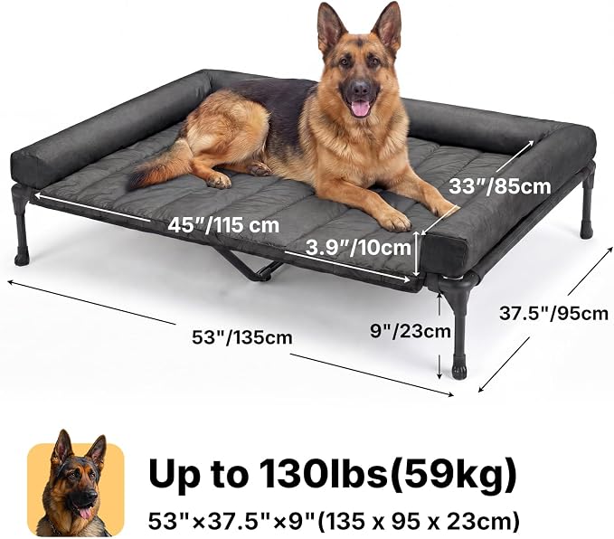 Veehoo Outdoor Elevated Dog Bed with Waterproof Bolster Cushion, Cooling | Raised Dog Bed with Removable & Washable Mat Topper, Breathable Mesh, Dog Couch Cot for Indoor Outdoor, 53", Large, Black