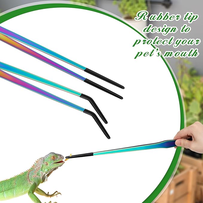 Lasnten 2 Pcs Extra Long Stainless Steel Reptile Feeding Tongs with Rubber Tip 15 Inch Bearded Dragon Aquarium Straight and Curved Long Tweezer Terrarium Feeder Tool for Tank (Colorful)