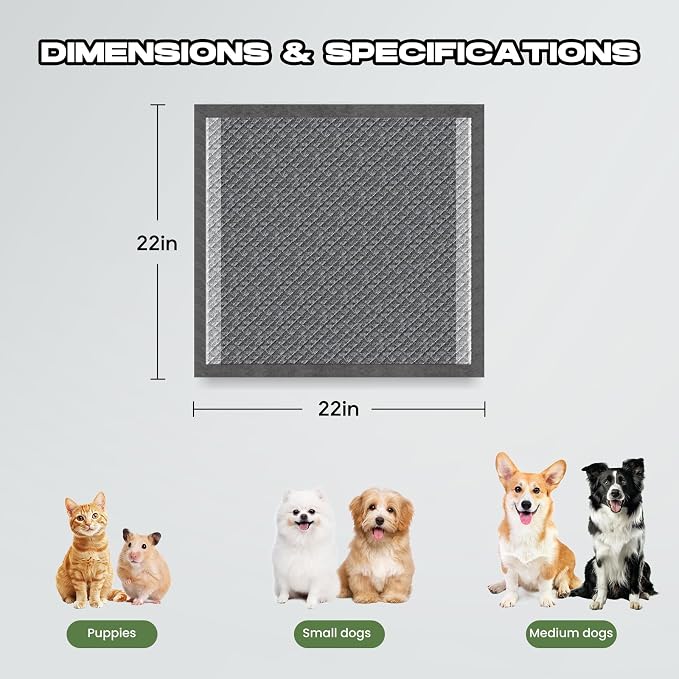 Charcoal Small Puppy Pads Pee Pads for Dogs 22"x22" 100 Count | Disposable Activated Carbon Super Absorbent Full Edge-Wrapping Pee Pads Odor-Control Training Pads for Doggie Cats Rabbits