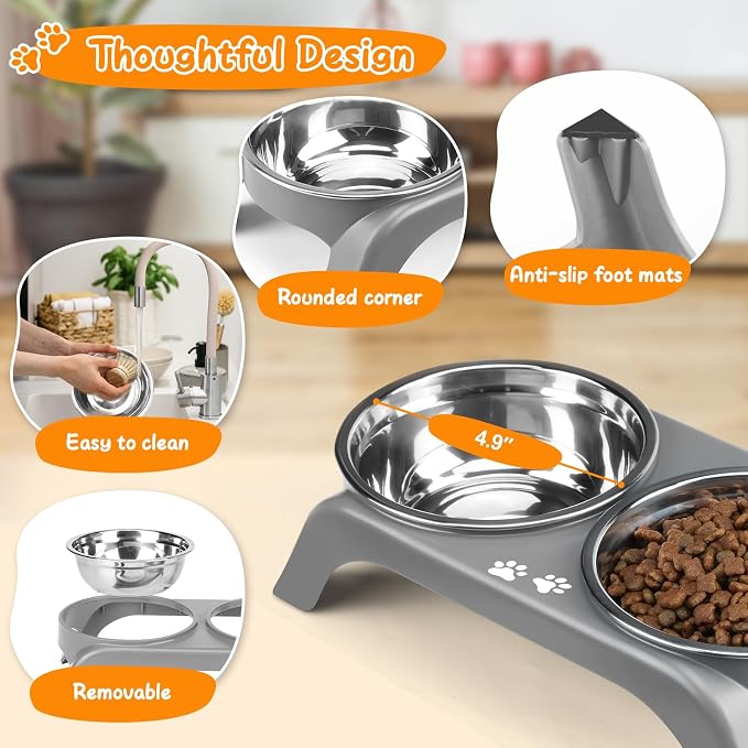 Elevated Dog Bowls for Small Dogs, 3” High Raised Dog Bowl Stand with Dual 5” Stainless Steel Bowls Non-Slip Pet Feeder for Puppy and Cats, Dishwasher Safe, Grey
