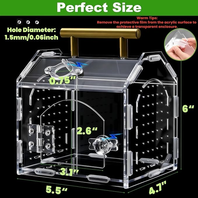 Tlence Jumping Spider Enclosure with Handle, Acrylic Reptile Habitat with One-Click Magnetic Closure, Front Opening Small Terrarium with Ventilation Holes for Tarantulas, Frogs, Gecko, Mantis