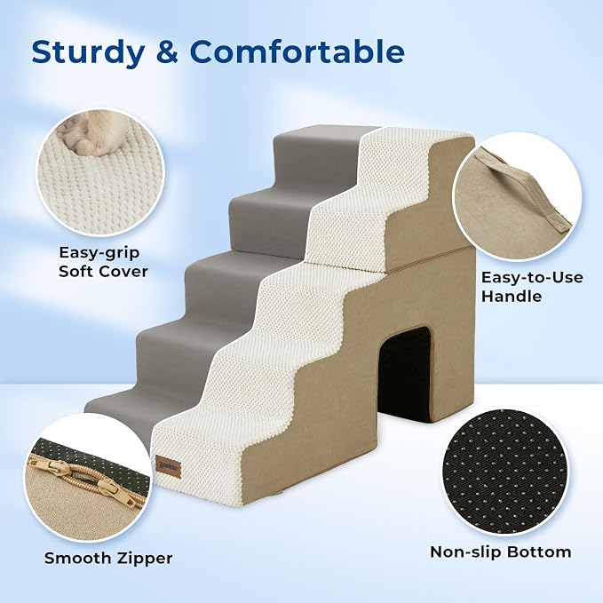 ZOMISIA Dog Stairs for Large Dogs with Tunnel, 24" H 5 Steps for High Bed | Tunnel 2 in 1 with Zippers, Suitable for Puppy and Older Cats for couch, Non-Slip Durable Dog Steps with High-Density Foam