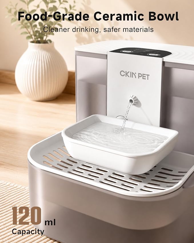 Filterless Heated Cat Water Fountain,4.5L Wireless Pet Automatic Dispenser | Heats Water to 28°C, Timed Dispensing, Wastewater Separation, Food-Grade Ceramic Bowl, 4000mAh Battery, Remote Control