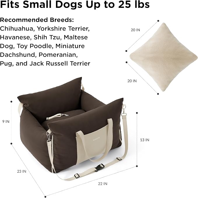 Lesure Dog Car Seat for Small Dogs,Booster Car Bed for Puppy Under 25lbs | Soft Pet Carseat with Clip-On Safety Leash and Thickened Memory Foam Filling,Dog Travel Carrier Bed with Storage Pocket,Brown
