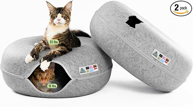 Peekaboo Cat Cave Duo Jumbo Set, Extra Spacious Cat Donut for Multiple & Large Kitty 15+ lbs, Scratch Detachable Cat Beds for Indoor Cats, Washable Cat Tunnel Bed, Best Kitten Toys