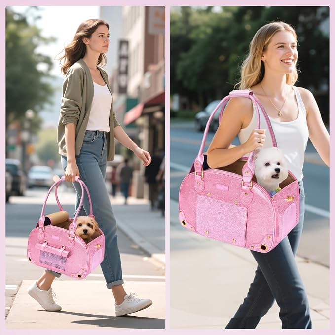Dog Carrier Purse, Pet Carrier, Bling Waterproof Premium Leather Pet Travel Portable Bag Carrier for Cat and Small Dog Home & Outdoor Small Bling Pink