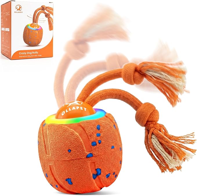 Smart Interactive Dog Toys, 3 Modes Automatic Rolling Ball, Chase Pet Toy with Rope & Barking Sound, Chew Resistant E-TPU, IPX7 Waterproof Rechargeable Ball for Medium Large Dogs, Orange