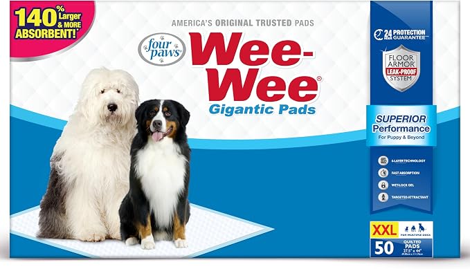 Four Paws Wee-Wee Superior Performance Gigantic Dog Pee Pads, 50 Count | Puppy & dog potty training pads, all day floor protection, housebreaking pet supplies, leak-proof puppy pads, 27.5" x 44"