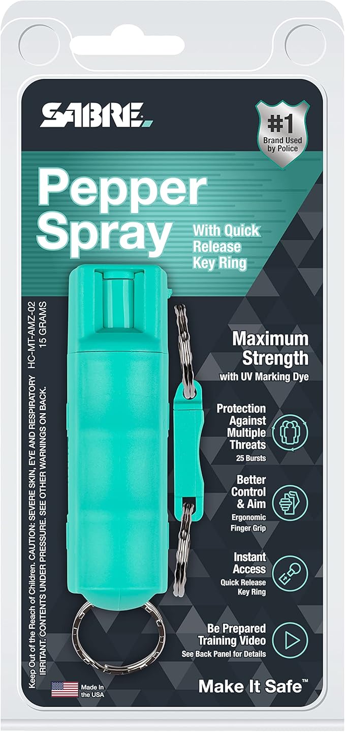 Sabre Pepper Spray - Quick Release Keychain for Easy Carry & Fast Access, Max Police Strength Self Defense OC Spray with UV Dye, 10 Sec. Spray Time, Finger Grip - Faster Aim, 0.54 fl oz,Secure Safety