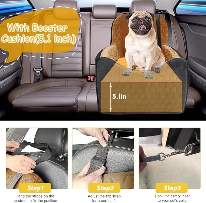 Dog Car Seat for Small/Medium Dogs, Memory Foam Dog Booster Seat, Travel Safety Per Car Seat with Washable Removable Cover, Storage Pockets for Dogs up to 35 lbs(BlackBrown)