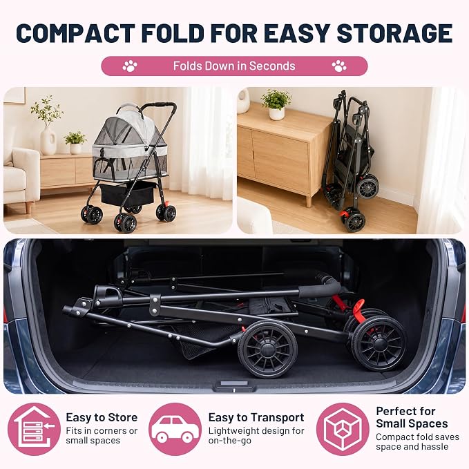 Dog Stroller for Small Dogs, Panoramic Mesh Pet Cat Stroller with Detachable Carrier, Foldable Pet Stroller up to 35 lb, with Safety Tether, Puppy Doggie Stroller for Medium Dogs 20 lbs Grey