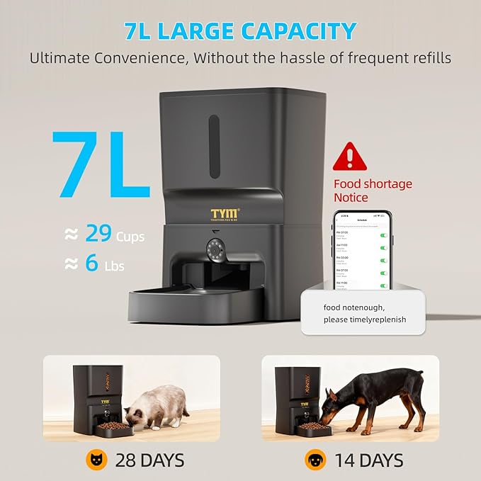 TYM 7L Automatic Cat Feeder with 2K Camera - 5G WiFi Cat Timed Food Dispenser with Smart APP Control, Programmable Timed Feeding, Night Vision, 2-Way Audio, Laser Interactive, Easy Setup