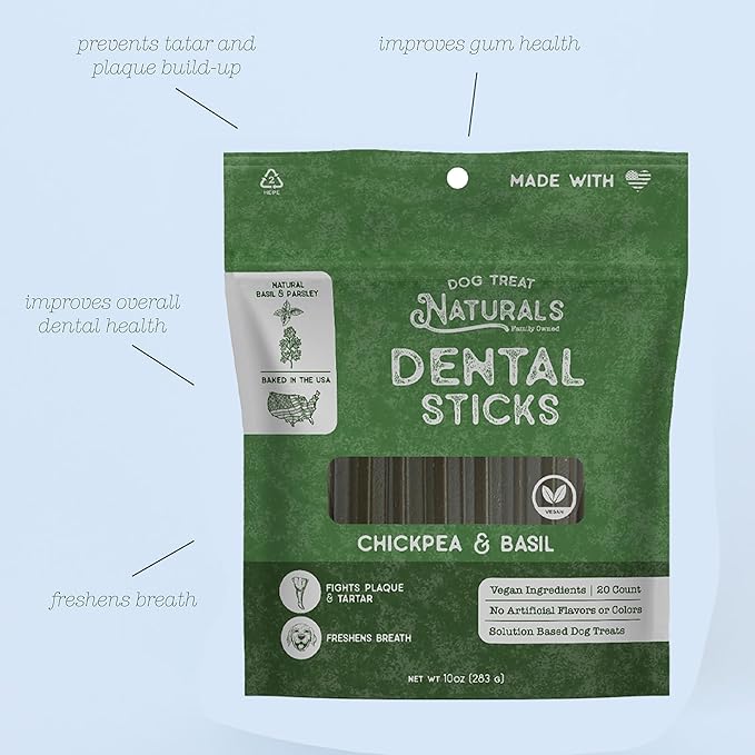Dog Treat Naturals Chickpea & Basil Dental Sticks 10oz, 20ct | Dog Dental Chew Treats for Small, Medium, Large Dogs | Freshen Breath, Fight Plaque-Tartar | Natural Teeth Cleaning Treats | USA Made