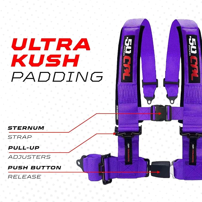 1pc 50 Cal Purple 4 Point Harness 2in Straps, Racing Harness Seat Belt | Ultra Kush padding, Push Button quick release hardware. Universal Fit for UTV, RZR, race car.