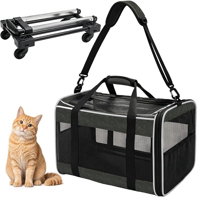Cat Carriers Dog Pet Carrier for Small Cats Puppies(Up to 33lbs), 16.5x11x11 Inch Airline Approved Pet Carrier with Removable Wheels, Collapsible Travel Carrier with Shoulder Strap