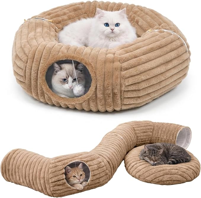 Dogpals Cat Tunnel Bed Cave 33" Lx10 Wx10 H for Indoor Cats(Khaki) | Washable Cozy Cushion, Soft Striped Plush Fabric, Hideaway Peekaboo Cave for Kittens, Puppies, Rabbits & Small Pets