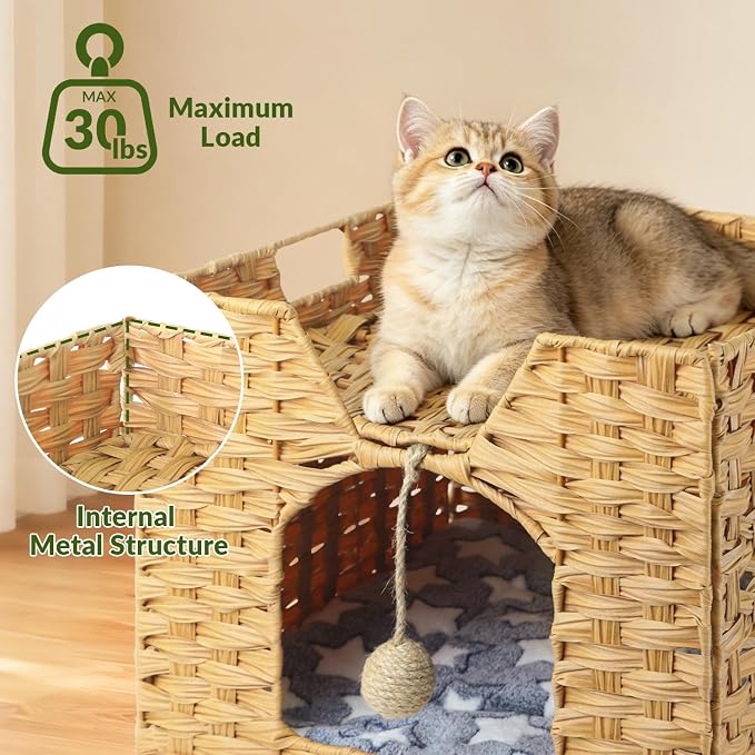 Handwoven Rattan Cat Bed Indoor Kitten, Cat Bed Cave with Cushion, Sisal Ball & S-Shaped Hooks, Foldable Hideaway Cat House for Bedroom Living Room, Natural