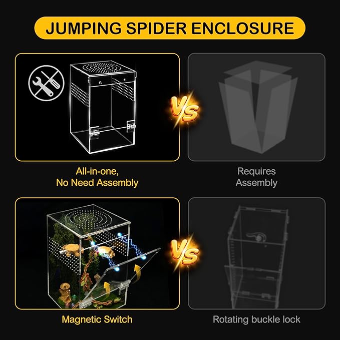 Jumping Spider Enclosure Kit,Escape Proof Reptile Tank,Praying Mantis Terrariums,Transparent Acrylic Bug Habitat,Arboreal Tarantula Cribs Cage,Insect Starter Container,Critter Keeper Large