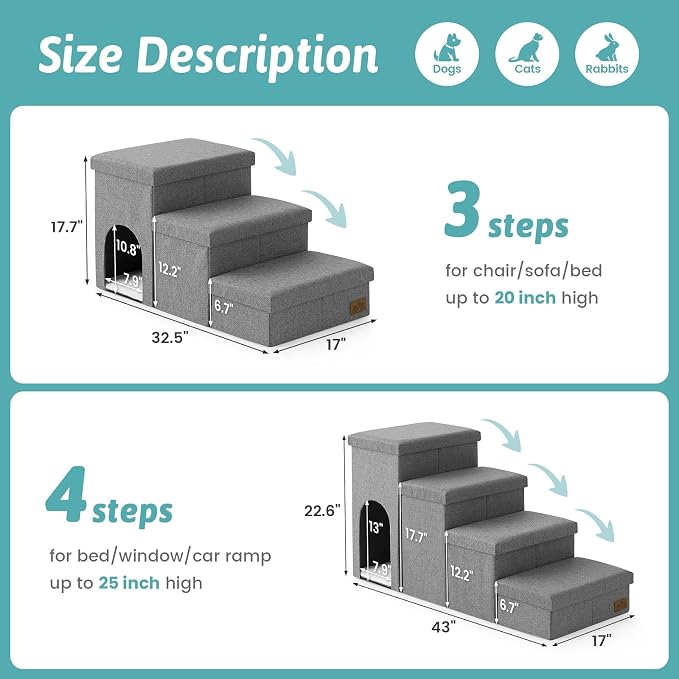 Dog Stairs with Storage, 3-Step Wider Sturdy Dog Steps for Small/Medium/Large Dogs and Older Cats, Doggie Ramp with Condo for Bed/Couch/Car Hold Up to 180 lbs (17.7" H, Grey)