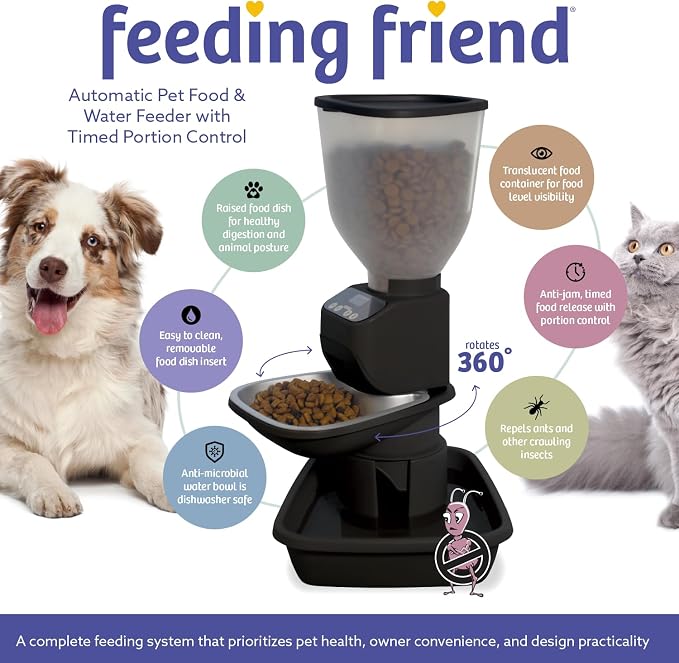 Feeding Friend® Automatic Dog & Cat Food Feeder with Water Dispenser – Smart Pet Feeder with Portion Control, OLED Display, Anti Jam Design, Battery Operated Dispenser for Medium Pets 15-30 - Black