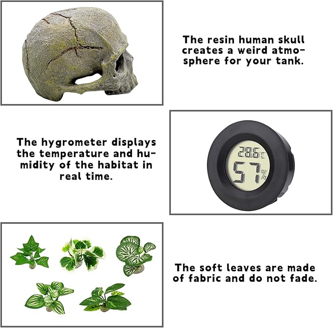 Tfwadmx 11Pcs Human Skull Decor with Plants, Snake Hide, Gecko Tank Accessories, Resin Skull with Climbing Vines Reptile Terrarium Tank Decor for Tarantulas, Lizards