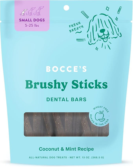 Bocce's Bakery Dailies Brushy Sticks to Support Oral Health & Fresh Breath, Wheat-Free Dental Bars for Dogs, Made with Real Ingredients, Baked in the USA, Natural Coconut & Mint Recipe, Small Dogs