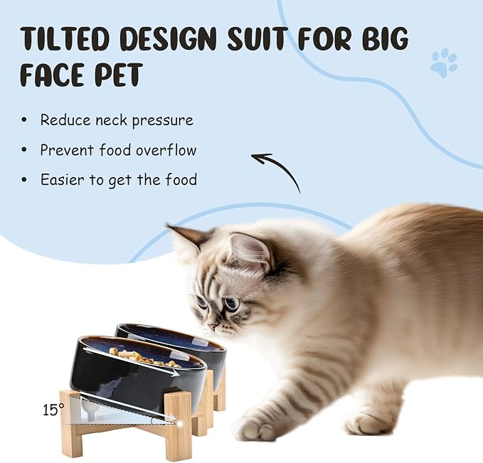 SPUNKYJUNKY 15° Slanted Ceramic Dog and Cat Bowl with Wooden Stand, Tilted Bulldog Food and Water Bowl No Slip Non-Spill for Cats Medium Dogs Big Face Pets 13.5 OZ (1.7 Cups, Starry Blue × 2)
