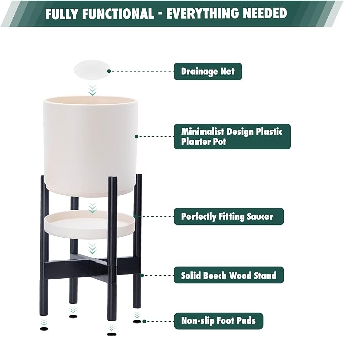 D'vine Dev Plastic Pot with Ebony Wood Stand, Oatmeal, 8 in, 55-C-K-4 | Mid-Century Inspired Design, Elevated Plant Display, Clean Lines, Sturdy Support, Modern Space-Saving Style