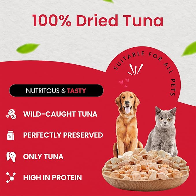 Tuna Cat Treats, 100% Wild Caught | Freeze Dried Dog Treats, High Protein | Grain-free, Single Ingredient Cat & Dog Food Toppers | No Additives or Preservatives | Inspected & Tested in USA | 7.4 oz