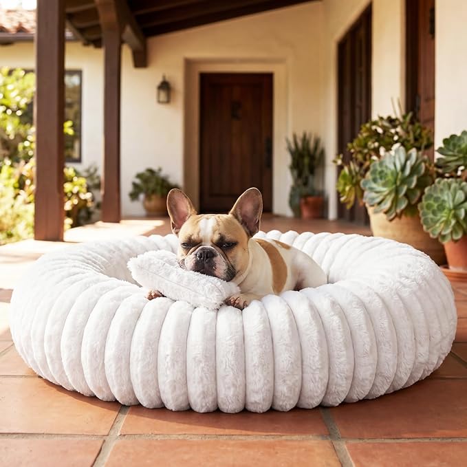 Donut Dog Bed for Small & Medium Dogs, Pet Bed with Non-Slip Bottom, Winter Comfort Dog Beds for Puppies, Washable & Portable Egg Tart Shape (M) Medium Dog Bed self Warming