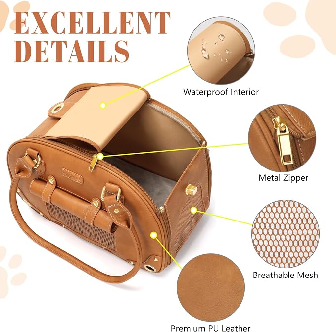 Dog Carrier Purse, Pet Carrier, Foldable Waterproof Premium PU Leather Pet Travel Portable Bag Carrier for Cat and Small Dog Home & Outdoor Small Brown