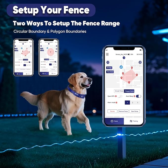 GPS Electric Dog Fence with Free App, Wireless Fence System with Training Collar, Adjustable of Dogs Portable Fence for Outdoor Use, Rechargeable Waterproof Flexiable Collar, (Blue)