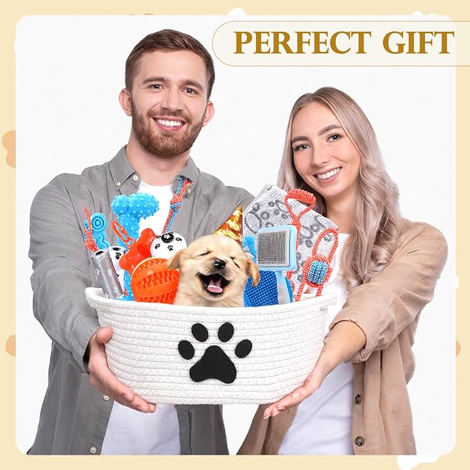 Zopeal 17 Pcs Summer Puppy Gift Set, Dog Toy & Essentials Bundle with Chew Toys, Poop Bag Dispenser, Grooming Brush, Training Bell, Blanket & Rope Basket(White,Octopus)
