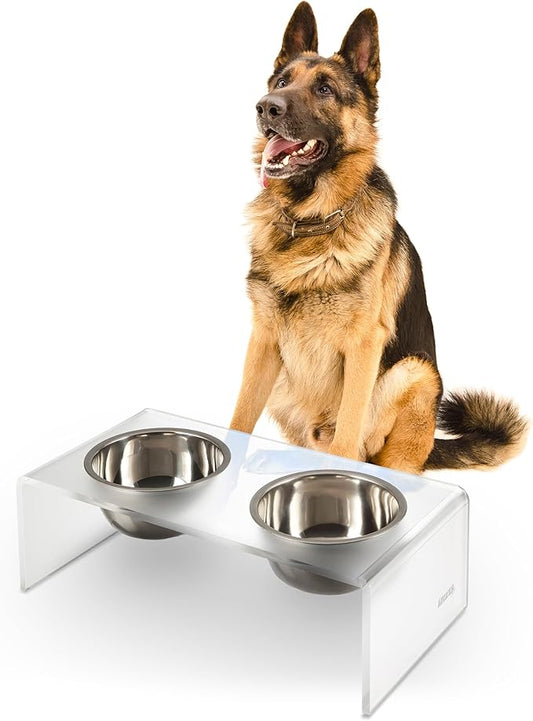 DBL2001K Keaton 7.5" Medium/Large Modern Acrylic Rectangular Elevated Pet Feeder with 54oz 2-Stainless Steel Bowls, Moon White/Chrome