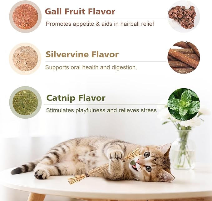 WOUSEDO 7 Pack Silvervine Sticks Cat Toy for Cats with Catnip & Matatabi Ball, Natural Chew Toys for Anxiety Relief & Dental Care, Teeth Cleaning Sticks for Indoor Cats & Kittens