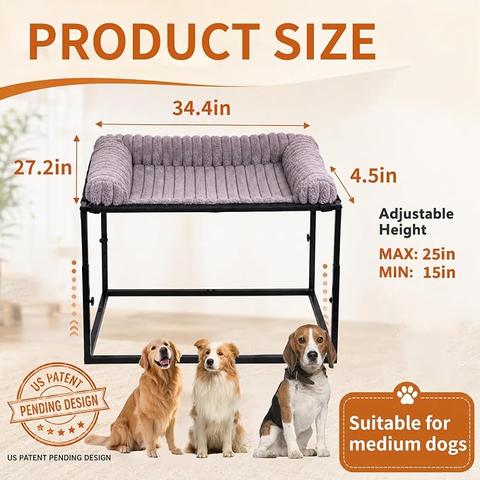 Adjustable Bedside Dog Bed for Large Dogs | Elevated Co-Sleeper Dog Bed with Metal Frame, Thick Supportive Cushion Mattress & Washable Cover, Dog Bedside Sleeper