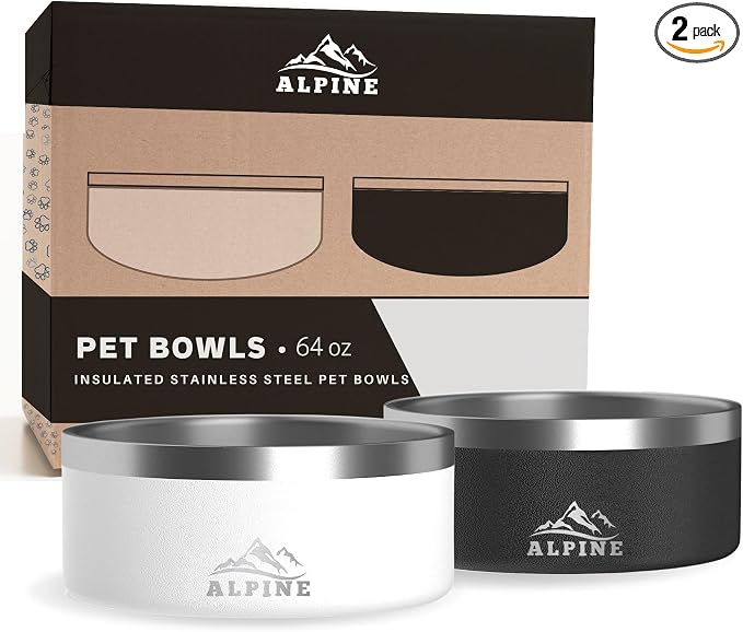 ALPINE Set of 2 Stainless Steel Dog Bowls, Non Slip, Metal Pet Bowl for Food and Water, Double Walled Insulated, Rustproof, Dishwasher Safe (64 oz, Black/White)