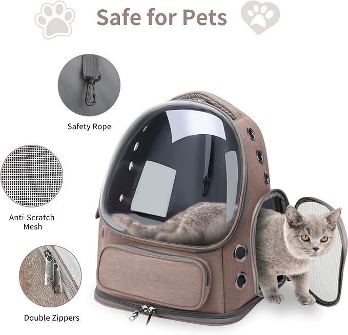 Cat Backpack Carrier for Cats and Small Dogs, Breathable Cat Bubble Backpack, Airline Approved Pet Travel Carrier for Hiking Camping Outdoor(Brown)