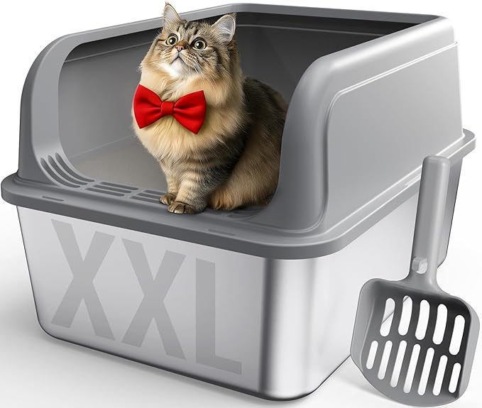 Powools Stainless Steel Cat Litter Box, Metal Litter Box with Scoop, High- Sided, Anti-Leakage Top Entry, Non-Sticky, Easy to Clean, 8-Inch Splash-Proof Deep Pan, Grey, XXL (1 Pack)