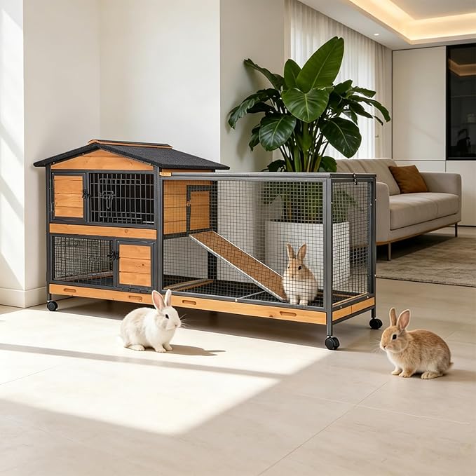 Rabbit Hutch 2-Story Wooden Rabbit Cage with Sturdy Metal Frame, Mobile Bunny Hutch with Wheels and 3 Pull Out Trays, Waterproof Guinea Pig Cages for Small Animals Indoor Outdoor (Orange)
