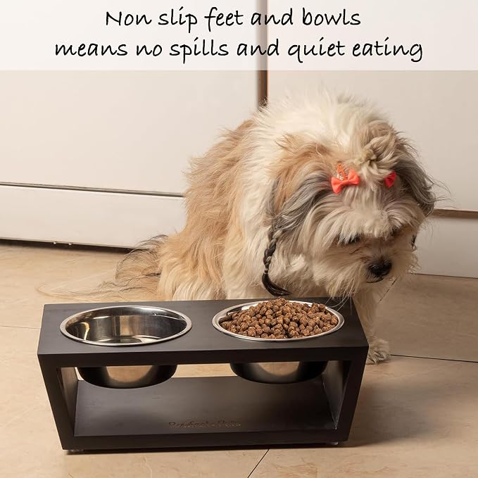 4" Tall Elevated Dog Bowls for Small Dogs, Food and Water Bowl Set by Pawfect Pets (Black)