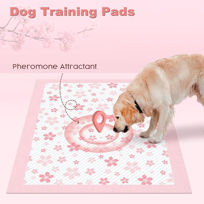 MIZOK Pink Puppy Pads with Adhesive Tabs Disposable No Leak XL 28x34in 40Ct | Cute Cherry Blossom Prints Provide 6 Layer Protection Extra Absorbent Doggy Pads Designed for Clean Daily Indoor Use