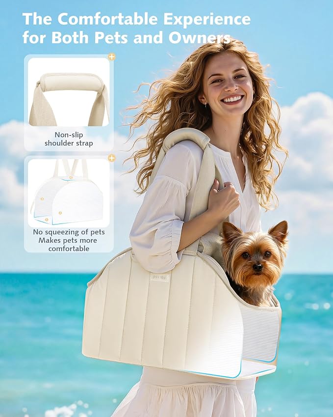 Pecute Dog Purse Carrier, Lightweight Dog Carriers for Small Dogs,Cream | Breathable mesh,Foldable,Paper-textured fabric is water-repellent,Built-in safety rope,Machine washable,Under 6.6lbs