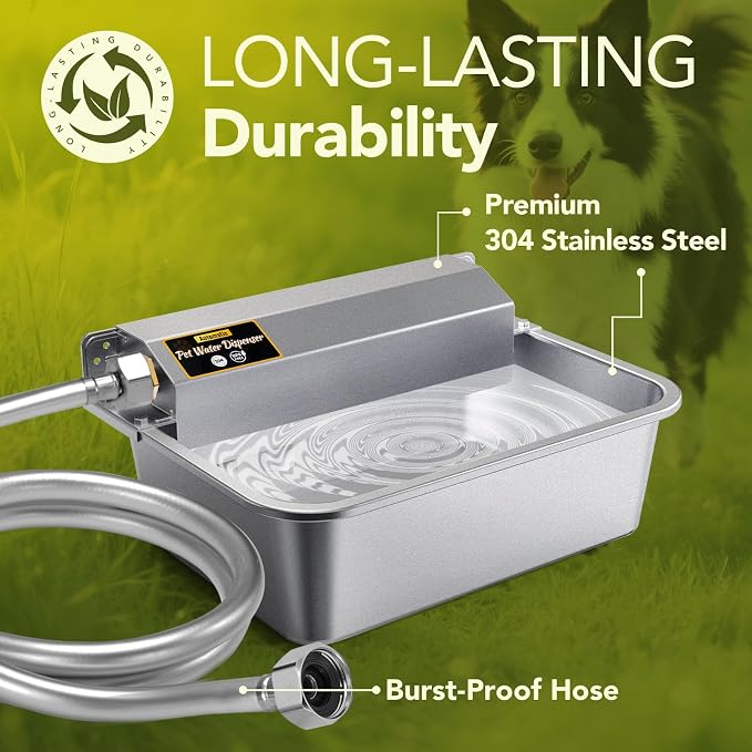 Automatic Water Dispenser for Dogs 2 Gallons, 304 Stainless Steel Dog Water Bowl Dispenser for Farm Chicken Pets Indoor&Outdoor Dog Waterer Feeder Fit 3/4'' GHT Faucet Auto Filling Wide Drinking Area