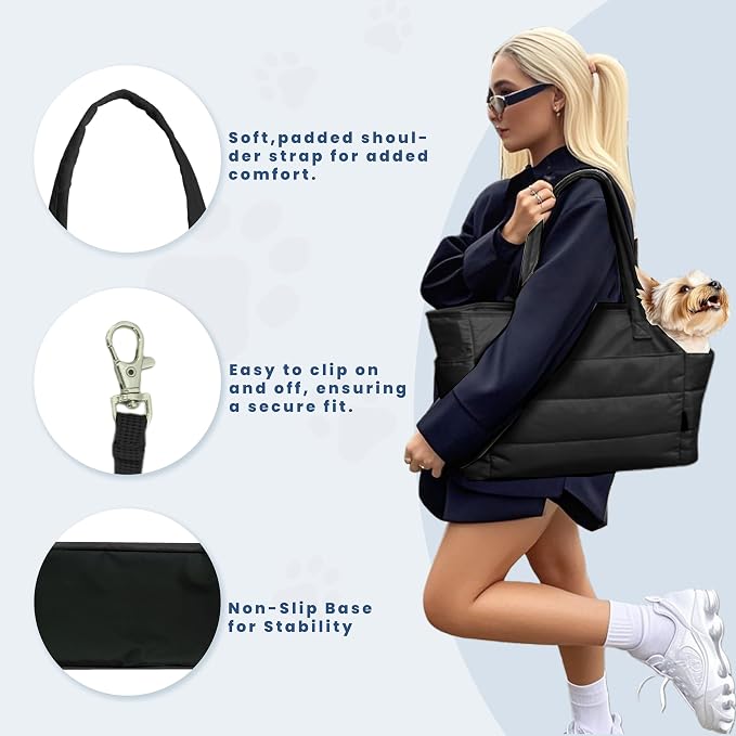Lightweight Puffy Dog Purse Carrier for Small Dogs, Black | Quilted Pet Carrier Tote with Safety Leash Clip, Storage Pockets and Removable Base, for Pets Up to 15 lbs, Black