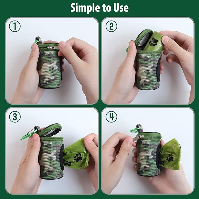 FURHAB Dog Poop Bag Holder for Leash Doggie Waste Bag Dispenser Puppy Potty Carrier Small Doggy Zipper Pouch with Carabiner Clip 1680D Nylon Oxford with 1 Roll of Pet Trash Bags, Woodland Camo