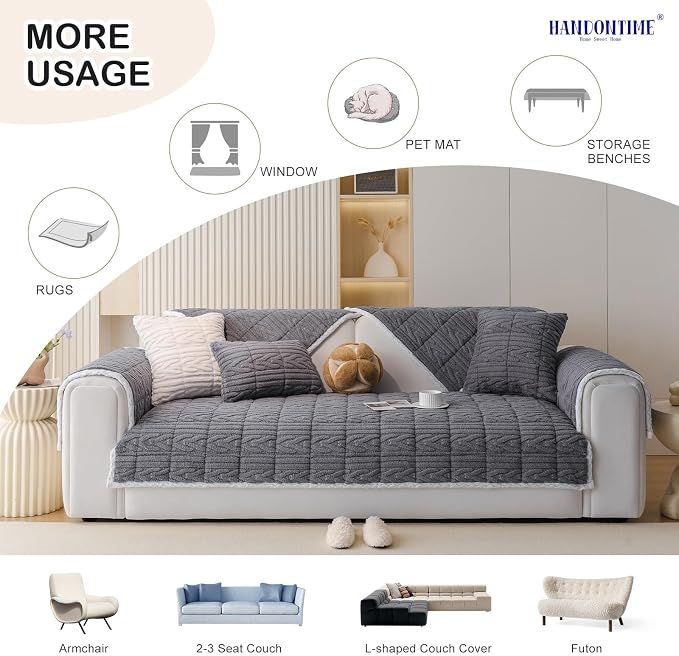 HANDONTIME Fuzzy Dog Couch Cover Washable, Pet-Friendly Sofa Covers Non-Slip Geometric Jacquard Pet Protector Furniture Cover for 3 Cushion Sofa Cozy Fuzzy Dog Mat for Couch (Grey, 35.4" x 82.7")