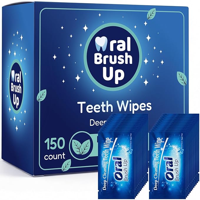 150pcs Disposable Textured Teeth Wipes Finger Brush Oral Brush Ups, Deep Cleaning Dental Wipes, Individually Wrapped, Mint Flavor, No Water Needed, Remove Stains from Coffee Tea Wine, Ideal for Travel