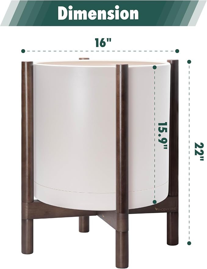D'vine Dev Plastic Pot with Walnut Wood Stand, Oatmeal, 16 in, 55-C-X-4 | Mid-Century Inspired Design, Elevated Plant Display, Clean Lines, Sturdy Support, Modern Space-Saving Style