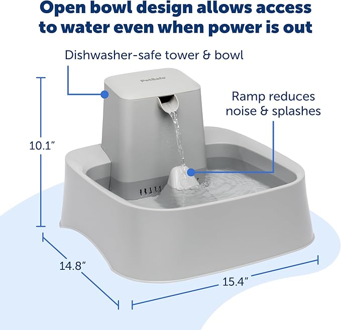 PetSafe Oasys Pet Fountain, 2 Gallon/256 oz, Dogs & Multi-Pet Homes | Adjustable Water Flow, Open-Bowl Design Keeps Water Available in Outages, Dishwasher-Safe, Filter Included